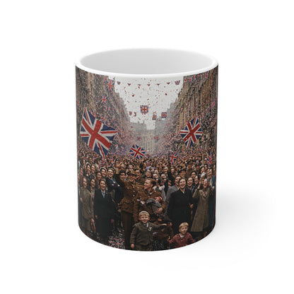 Union Jack Street Parade Mug — Vintage British Crowd Scene Ceramic Coffee Cup (11oz, 15oz)