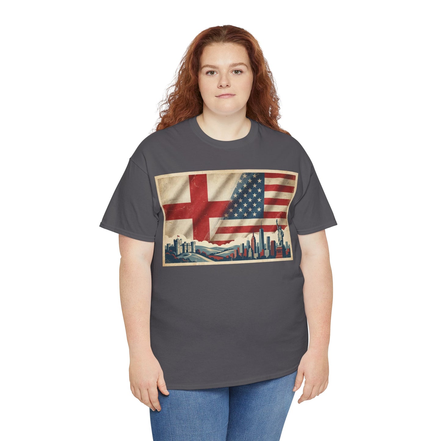 England + USA Flag Skyline T-Shirt — Vintage London & New York City Pride Tee