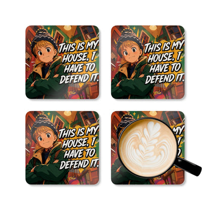 Home Alone Inspired Anime Quote Cork Coaster Set — “This Is My House, I Have To Defend It”