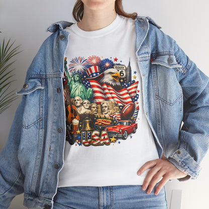Patriotic USA Graphic Tee – American Flag, Statue of Liberty & Fireworks T-Shirt