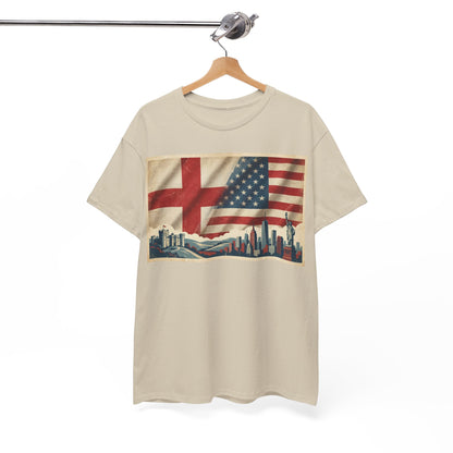England + USA Flag Skyline T-Shirt — Vintage London & New York City Pride Tee