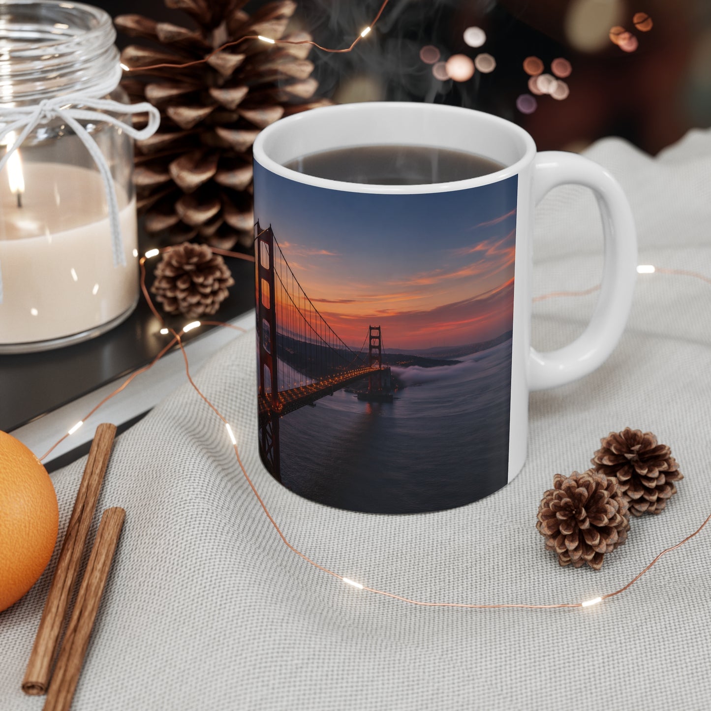 Golden Gate & Flag Sunrise Coffee Mug — San Francisco Sunset Ceramic Cup (11oz/15oz)