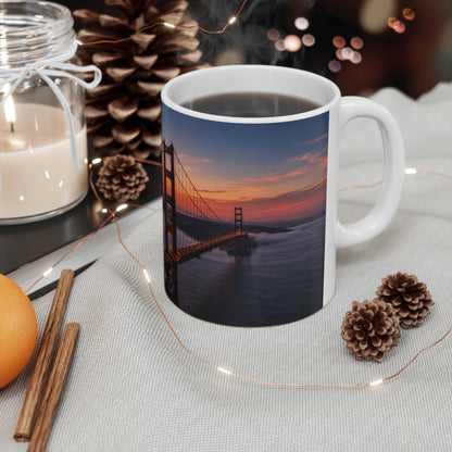 Golden Gate & Flag Sunrise Coffee Mug — San Francisco Sunset Ceramic Cup (11oz/15oz)