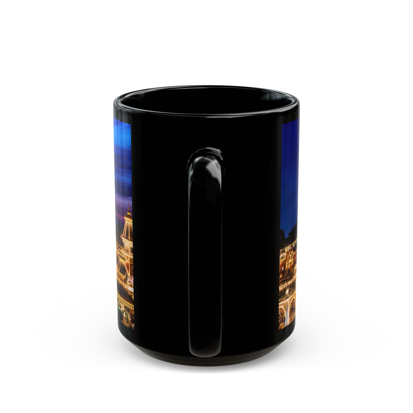 Disneyland Paris Park Nightscape Black Mug — Illuminated Main Street Skyline (11oz/15oz)