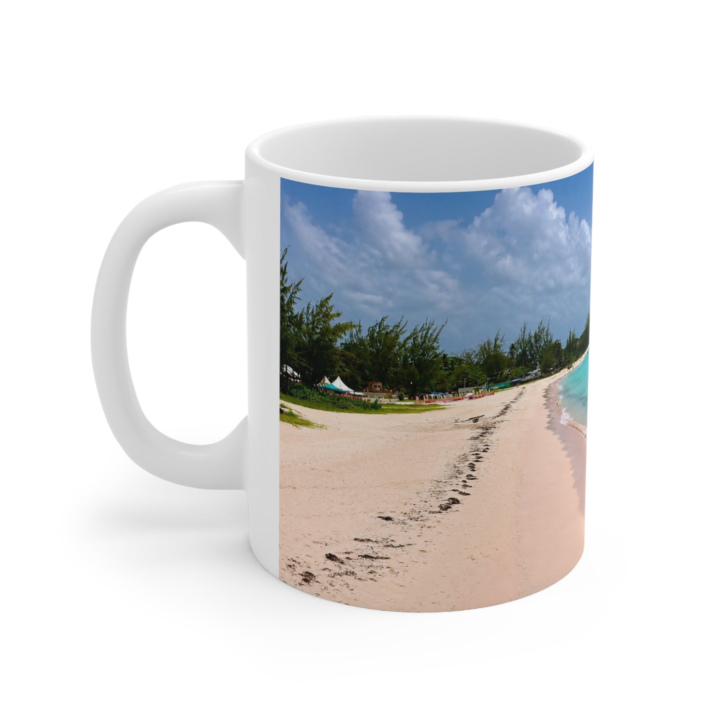 Barbados Beach Scene Coffee Mug — Tropical Pink Sand & Turquoise Water Ceramic Cup (11oz/15oz)