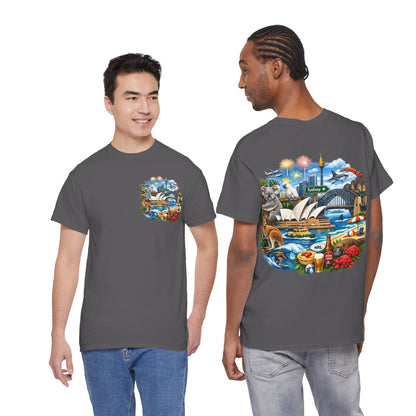 T-Shirt — Sydney Landmark Collage Tee (Opera House, Harbour Bridge, Koala & Beach Scene)