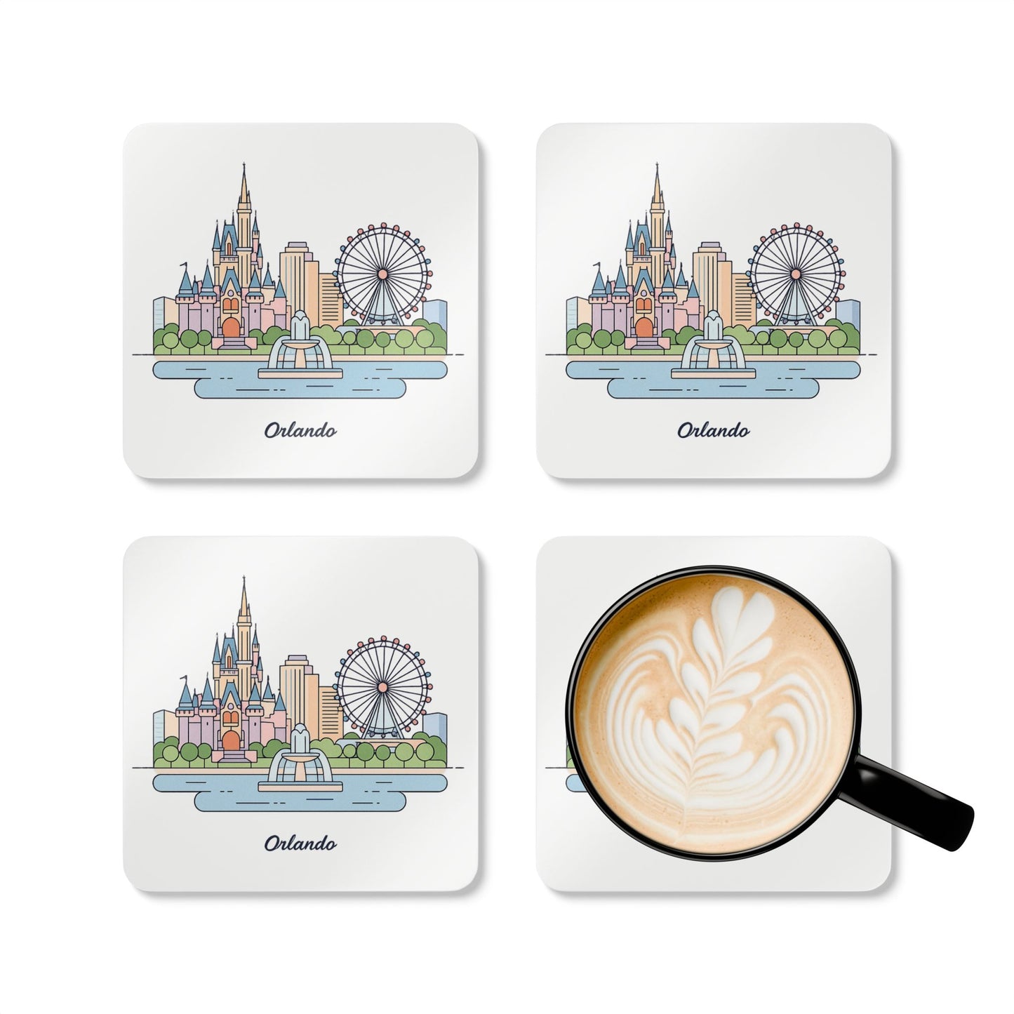 Orlando Skyline Cork Coaster Set – Illustrated Cityscape Drink Coasters (4-Pack)