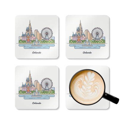 Orlando Skyline Cork Coaster Set – Illustrated Cityscape Drink Coasters (4-Pack)