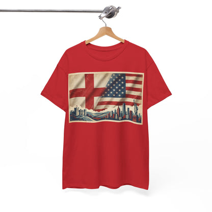 England + USA Flag Skyline T-Shirt — Vintage London & New York City Pride Tee