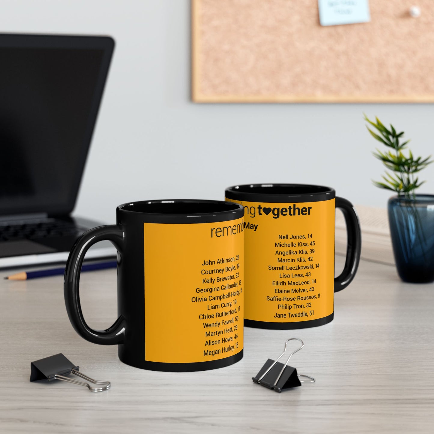 Manchester Arena Memorial Names Black Mug — "Remembering Together 22 May" Tribute Coffee Cup (11oz/15oz)