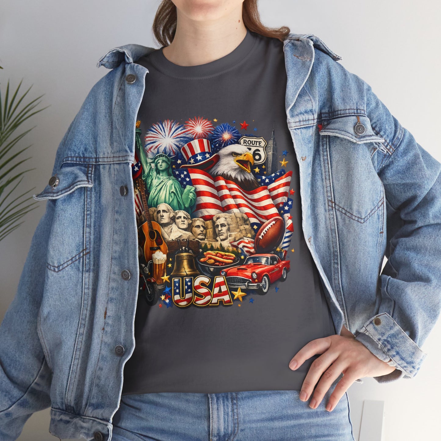 Patriotic USA Graphic Tee – American Flag, Statue of Liberty & Fireworks T-Shirt