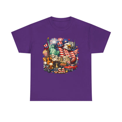 Patriotic USA Graphic Tee – American Flag, Statue of Liberty & Fireworks T-Shirt