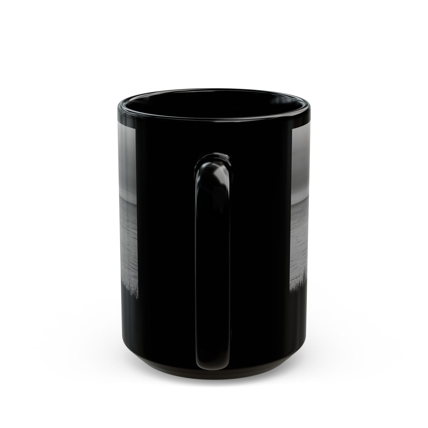 Silhouette by the Sea Black Coffee Mug — Reflective Ocean Sunset Gift (11oz, 15oz)