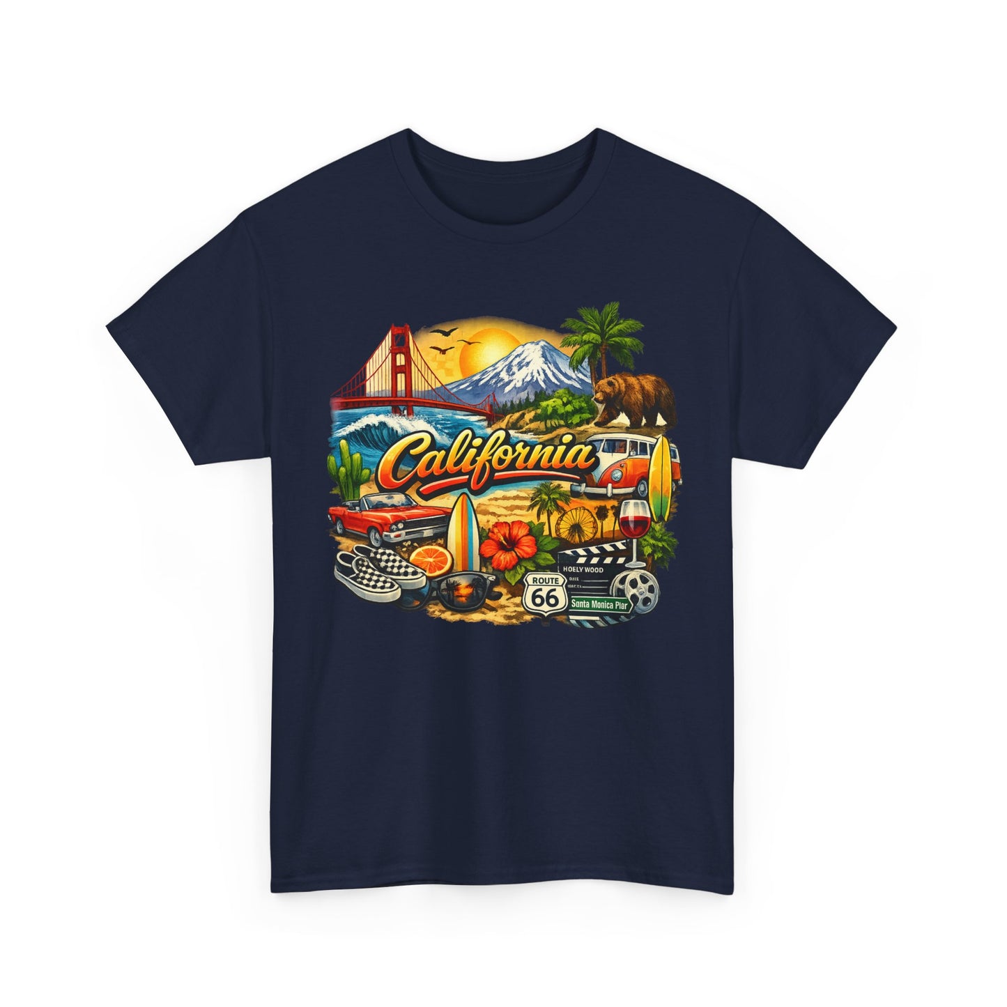 California Vintage Travel T-Shirt — Golden Gate, Palm Trees & Route 66 Tee