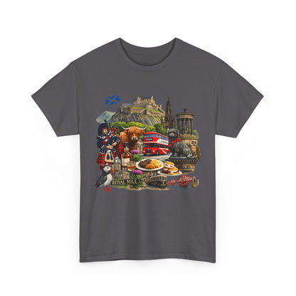 Scotland / Edinburgh Travel Collage T-Shirt — Edinburgh Castle, Bagpipes & Local Icons