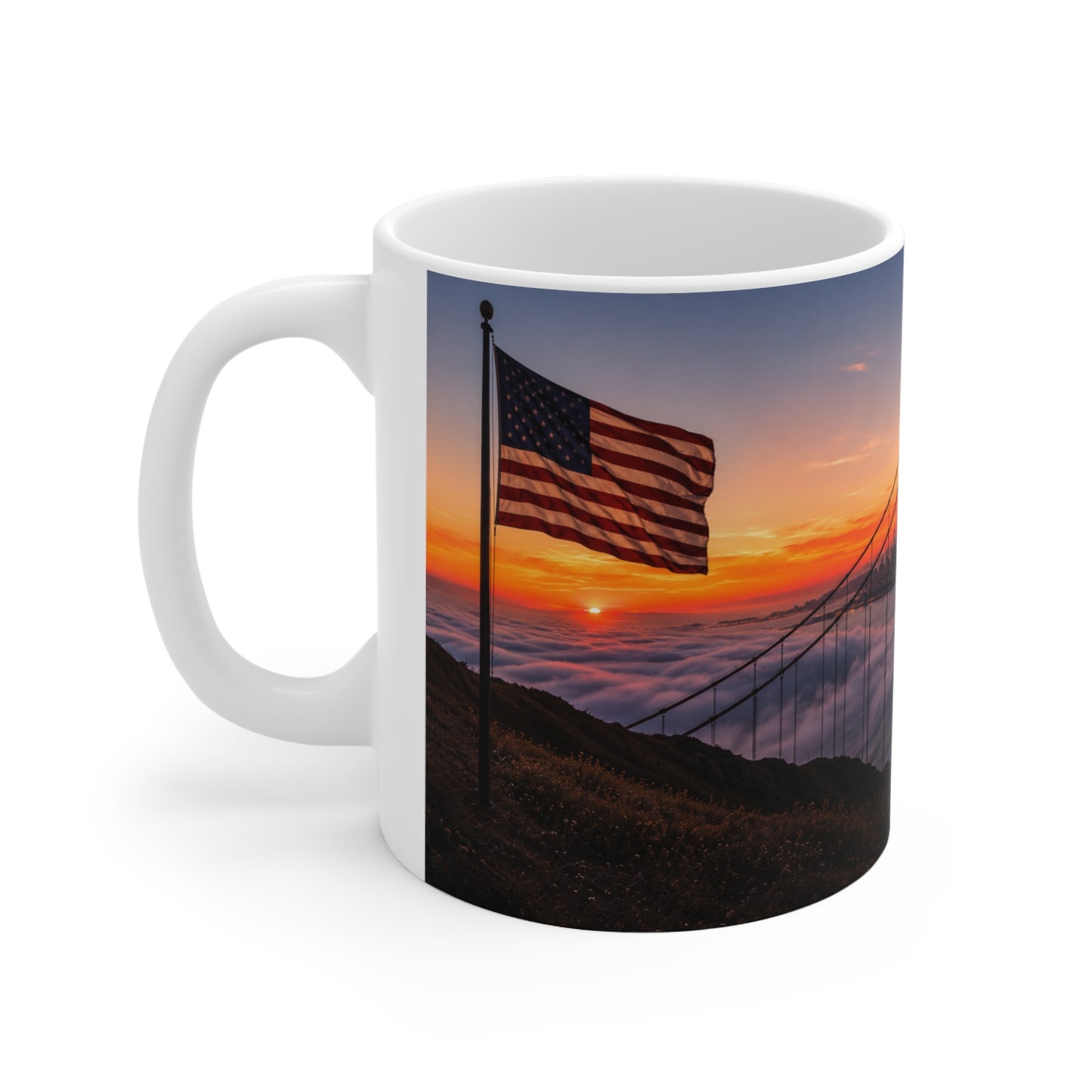 Golden Gate & Flag Sunrise Coffee Mug — San Francisco Sunset Ceramic Cup (11oz/15oz)