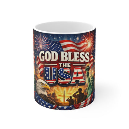 God Bless The USA Ceramic Coffee Mug — Patriotic 11oz/15oz Coffee Cup with Flag, Eagle & Fireworks