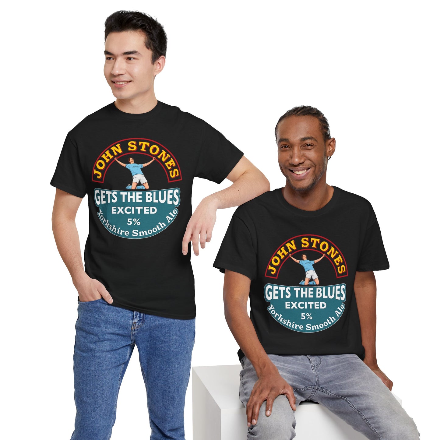 John Stones T-Shirt — "Gets The Blues Excited" Retro Ale Parody Tee