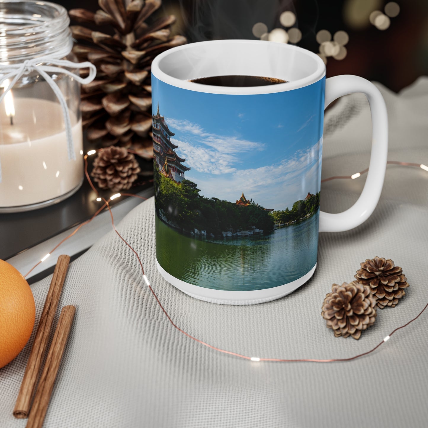 Pagoda Lakeside Ceramic Mug — Asian Temple Travel Photo Coffee Cup (11oz/15oz)