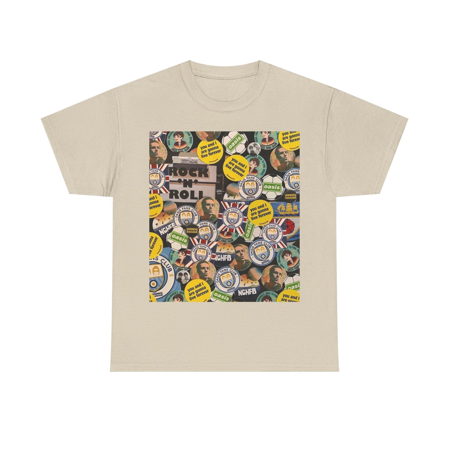 Oasis Rock & Roll Retro Button Collage Tee
