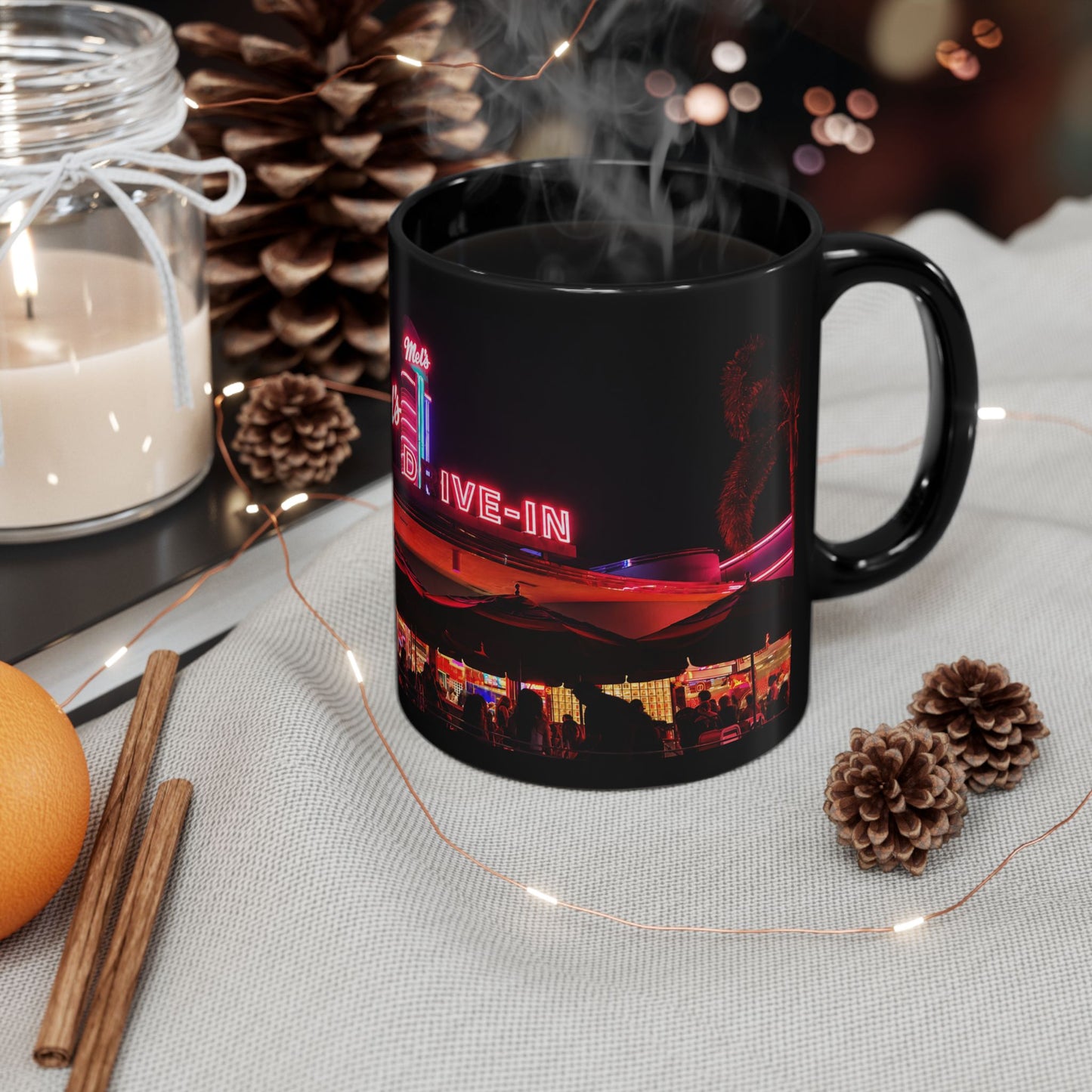 Mel's Drive-In Neon Night Coffee Mug — Retro Diner Black Ceramic Mug (11oz, 15oz)
