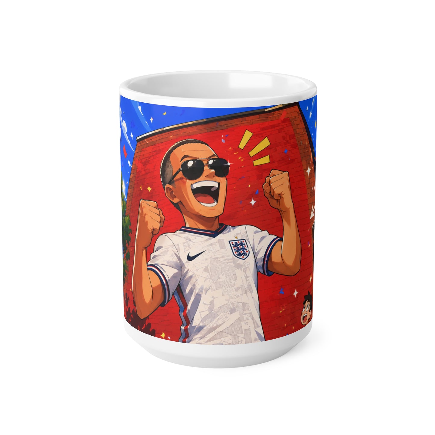England Football Fan Mug — Celebratory Soccer Player Illustration, Ceramic 11oz & 15oz
