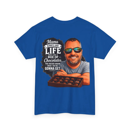 T-Shirt — "Mama Always Said Life Is Like A Box Of Chocolates" Graphic Tee (Funny Retro Portrait)