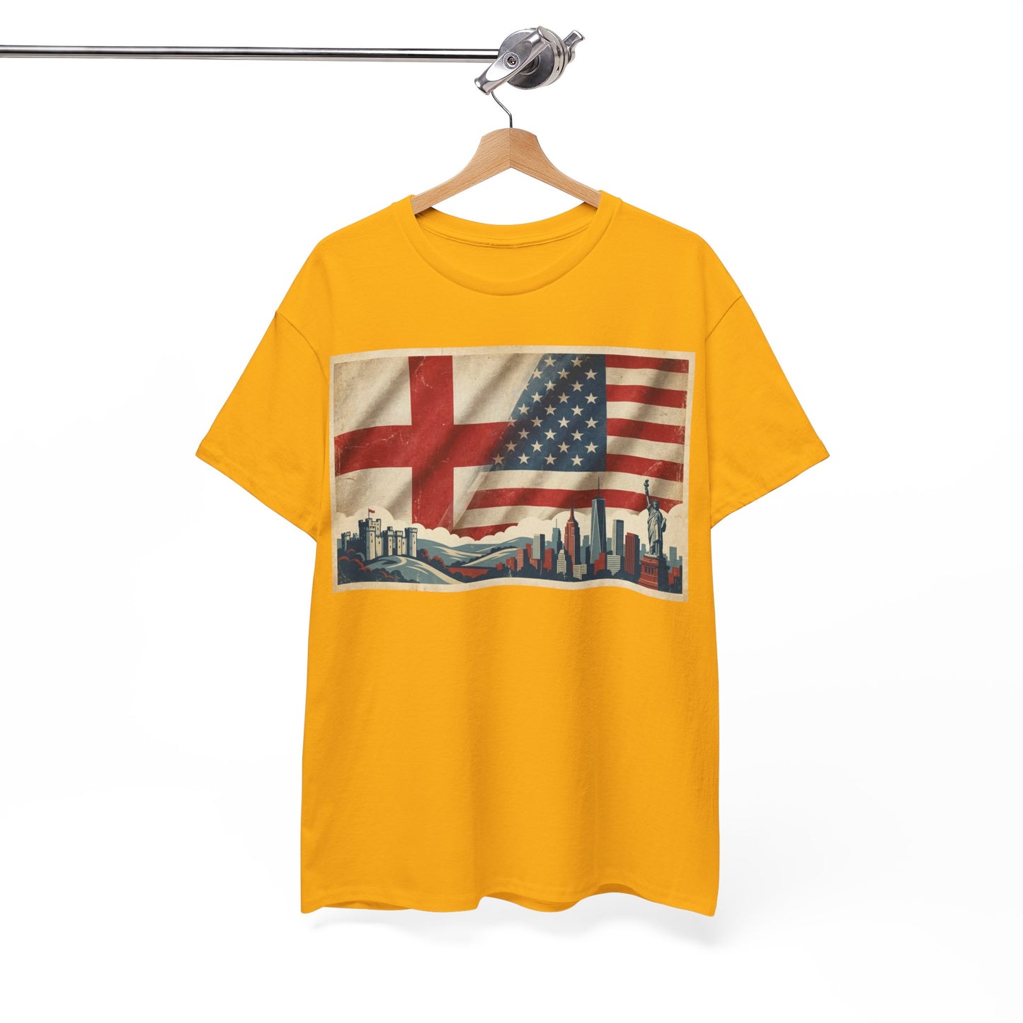 England + USA Flag Skyline T-Shirt — Vintage London & New York City Pride Tee
