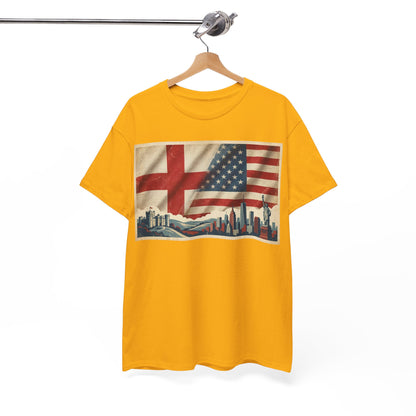England + USA Flag Skyline T-Shirt — Vintage London & New York City Pride Tee