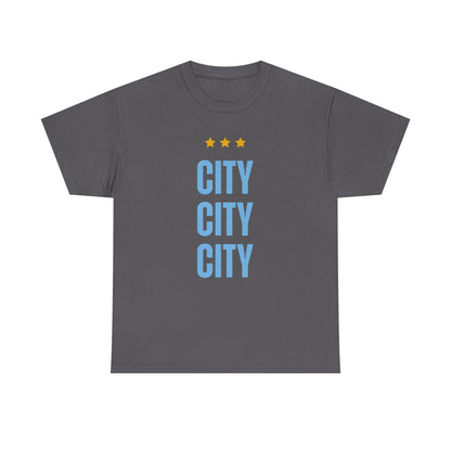Manchester City City City Tee — Minimal Skyline Graphic T‑Shirt with Three Stars