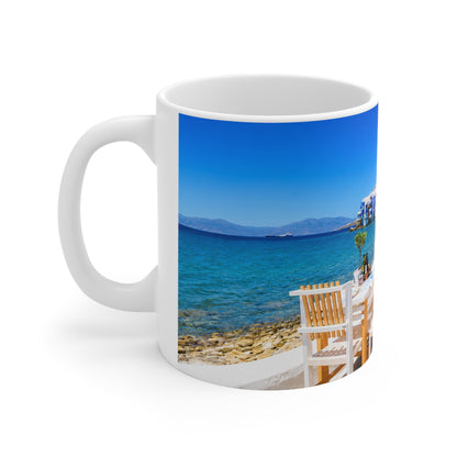 Mediterranean Seaside Photo Mug — Scenic Beach Cafe Ceramic Coffee Cup (11oz, 15oz)