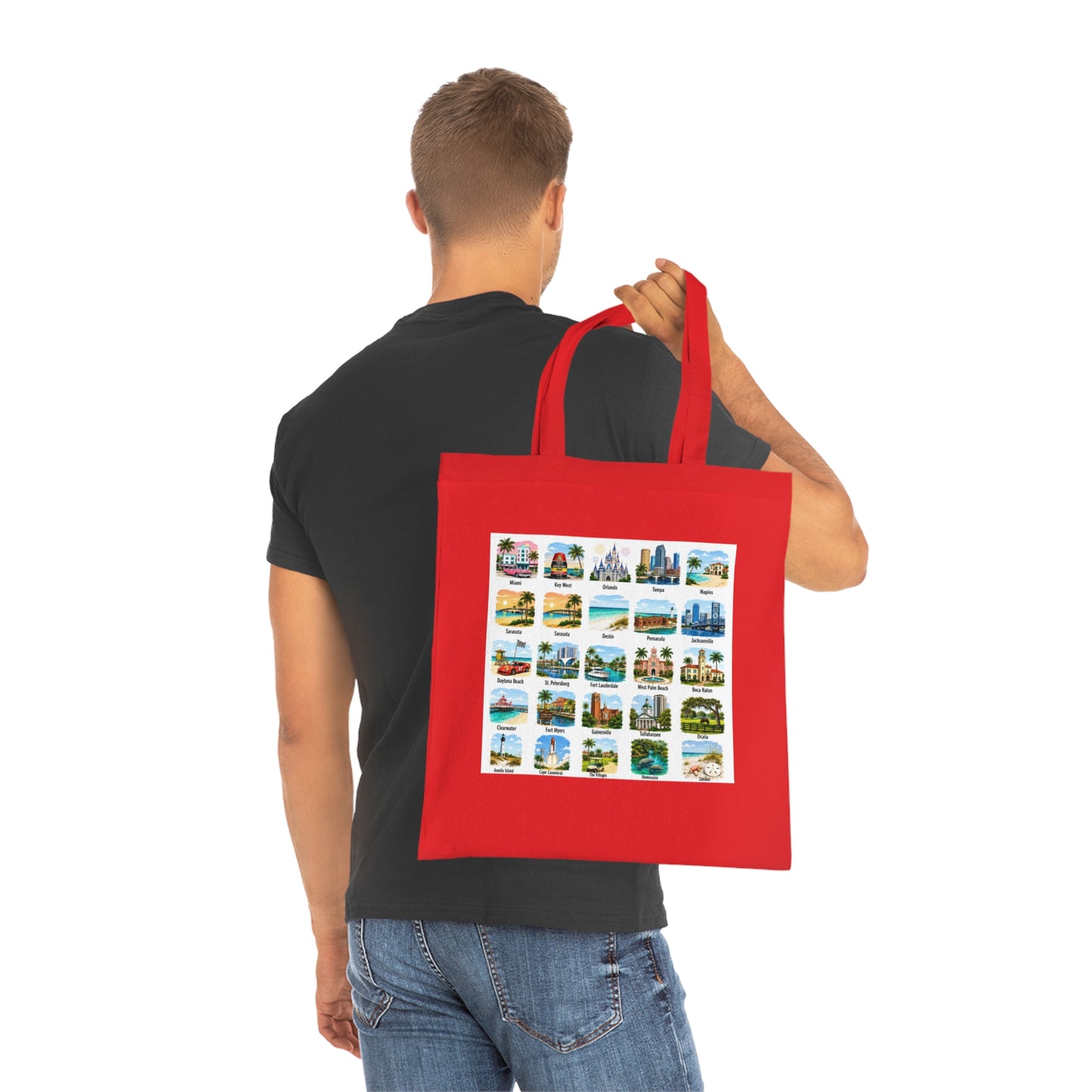 Florida City Landmarks Collage Cotton Tote – Vintage Travel Postcard Design