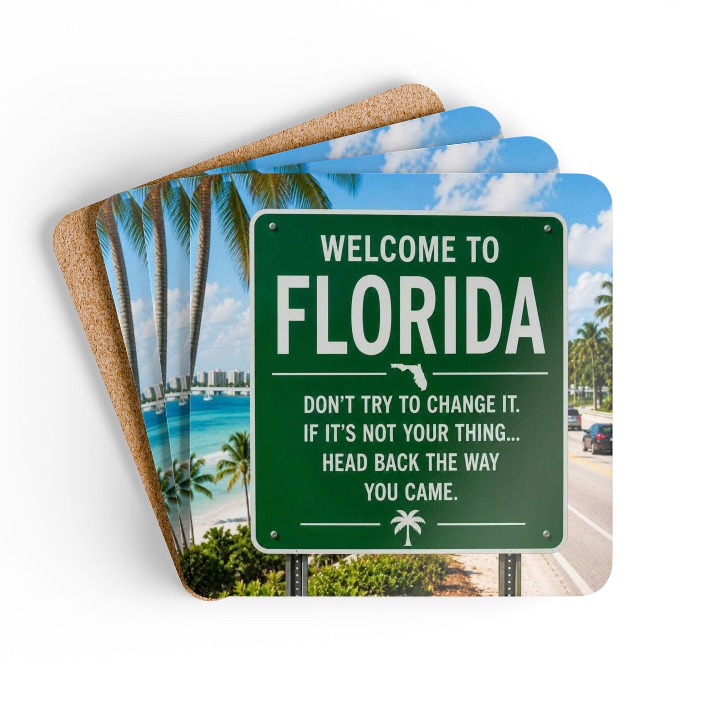 Florida Welcome Sign Corkwood Coaster Set – 'Welcome to Florida' Beach Road Drink Coasters