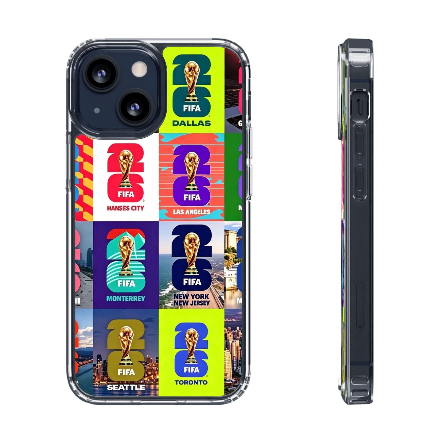 FIFA World Cup Pop Art Clear Phone Case — City Badge Collage (Dallas, LA, Monterrey, Toronto, Seattle)