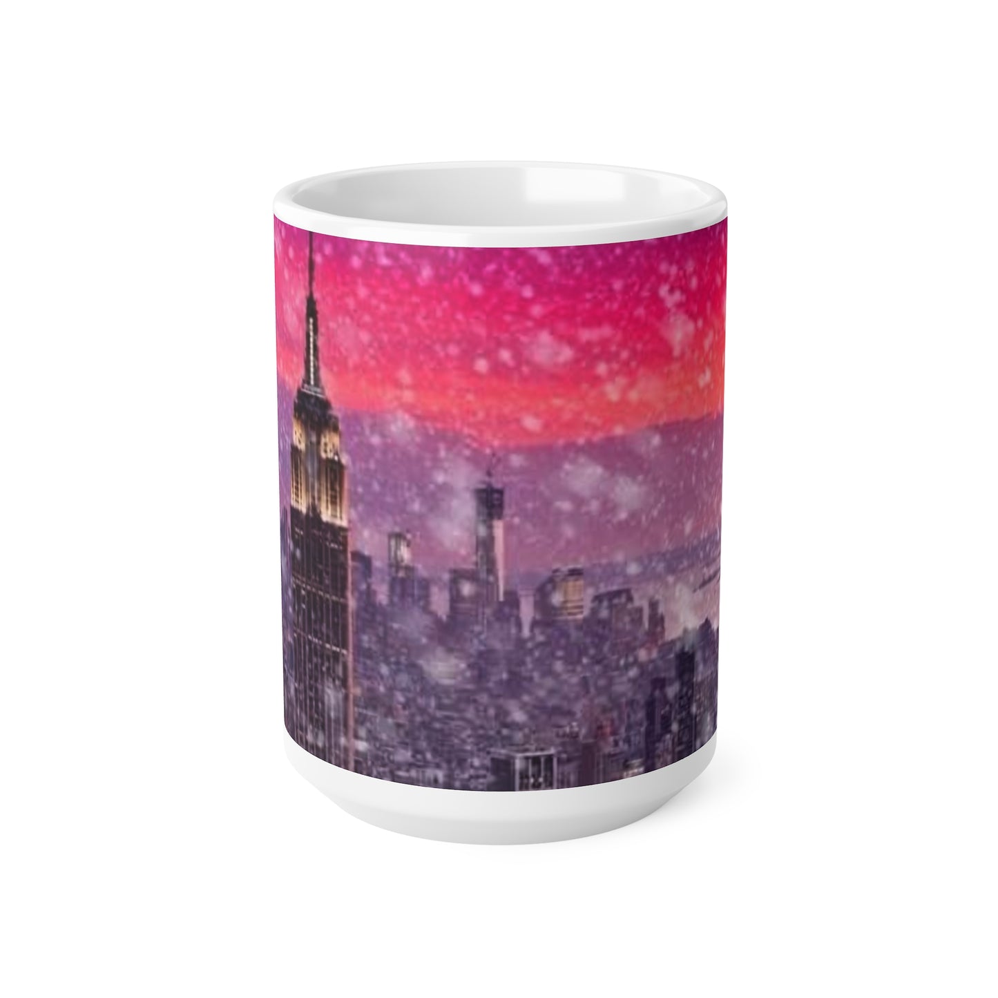 New York City Skyline Mug — Pink Sunset Snowfall Ceramic Coffee Cup (11oz & 15oz)