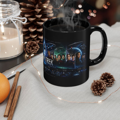 Star Trek Collage Black Mug — Sci‑Fi Crew Montage Coffee Cup (11oz/15oz)