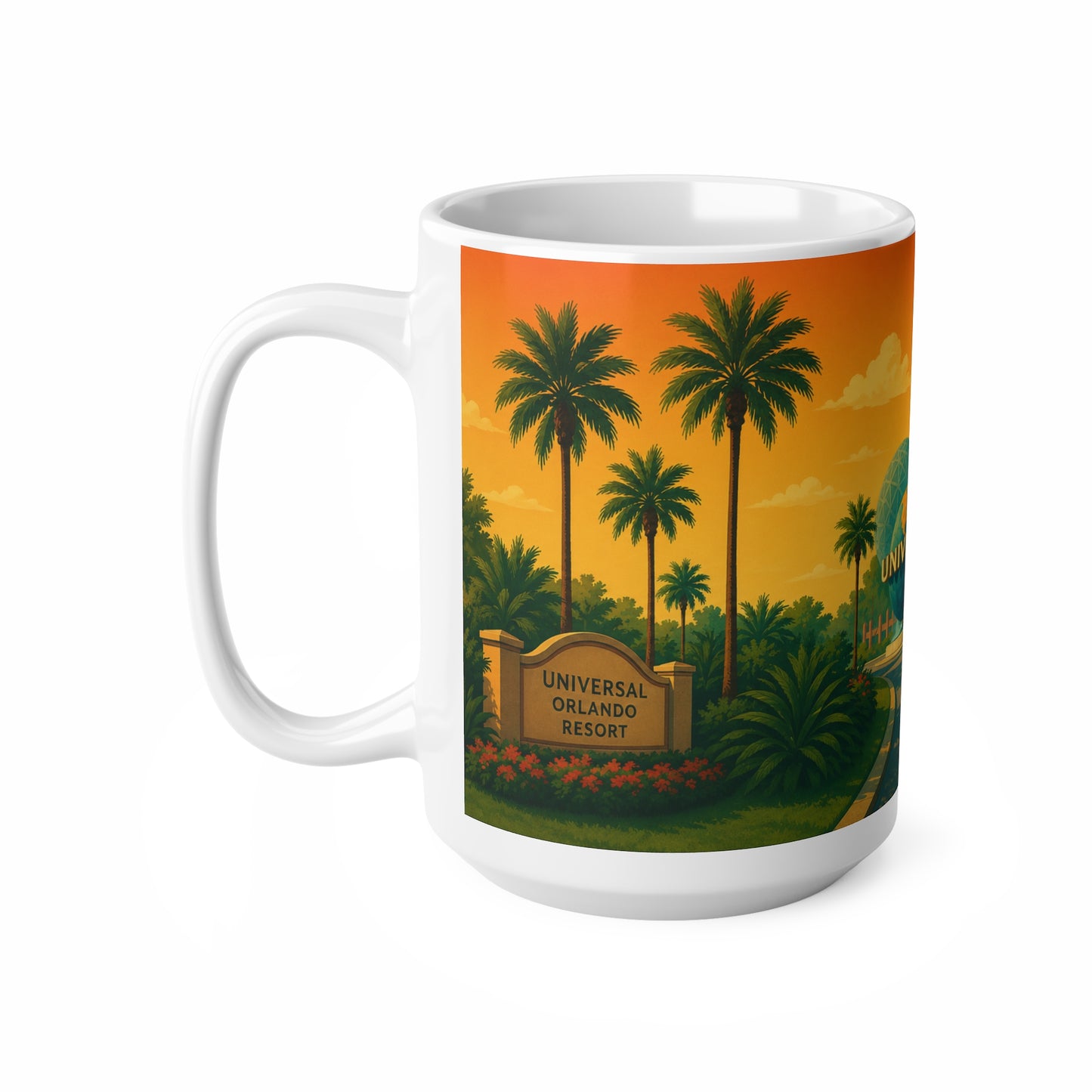 Universal Orlando Vintage AI Sunset Mug — Retro Palm Tree Travel Coffee Cup (11oz, 15oz)