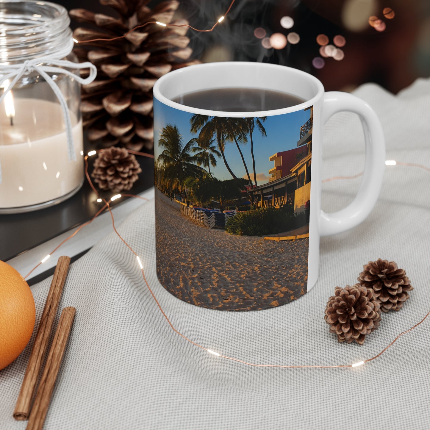 Barbados Beach Sunrise Coffee Mug — Tropical Palm Sunset Ceramic Mug (11oz & 15oz)