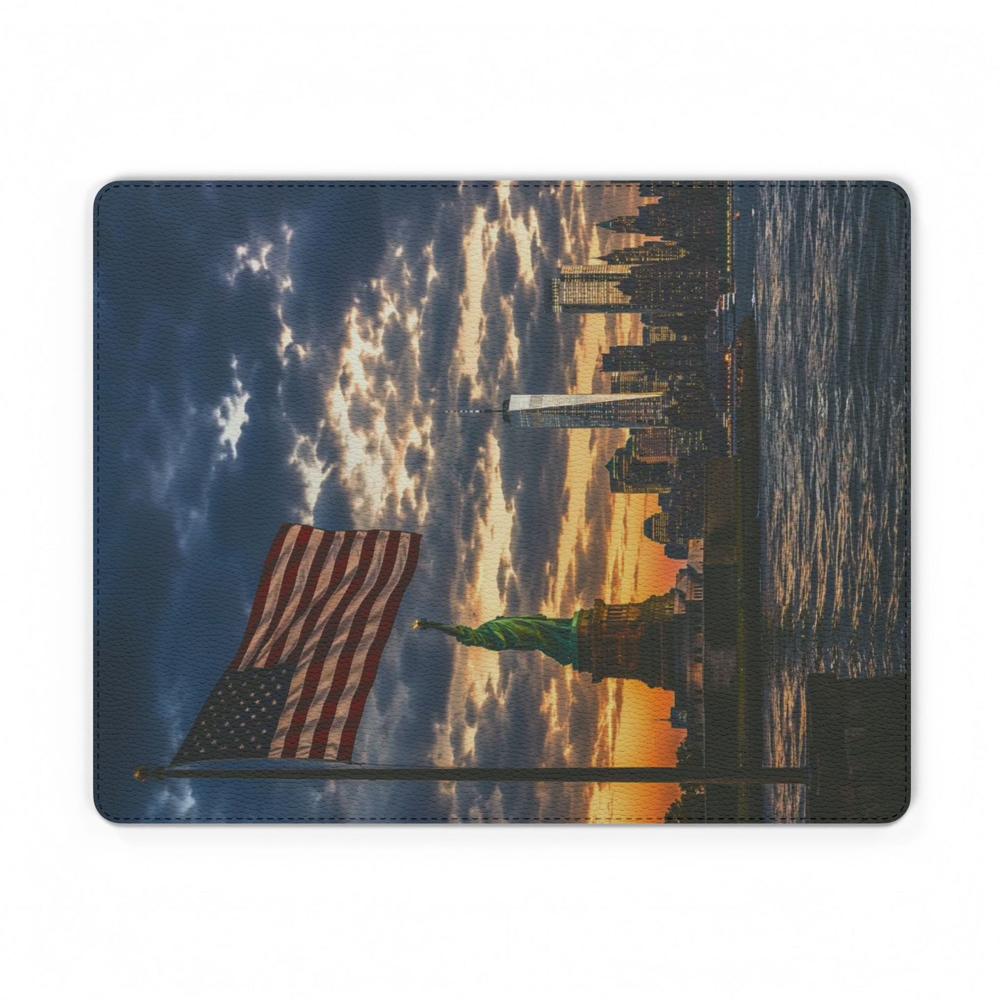 Statue of Liberty Sunset PU Leather Mouse Mat — American Flag Skyline Desk Pad