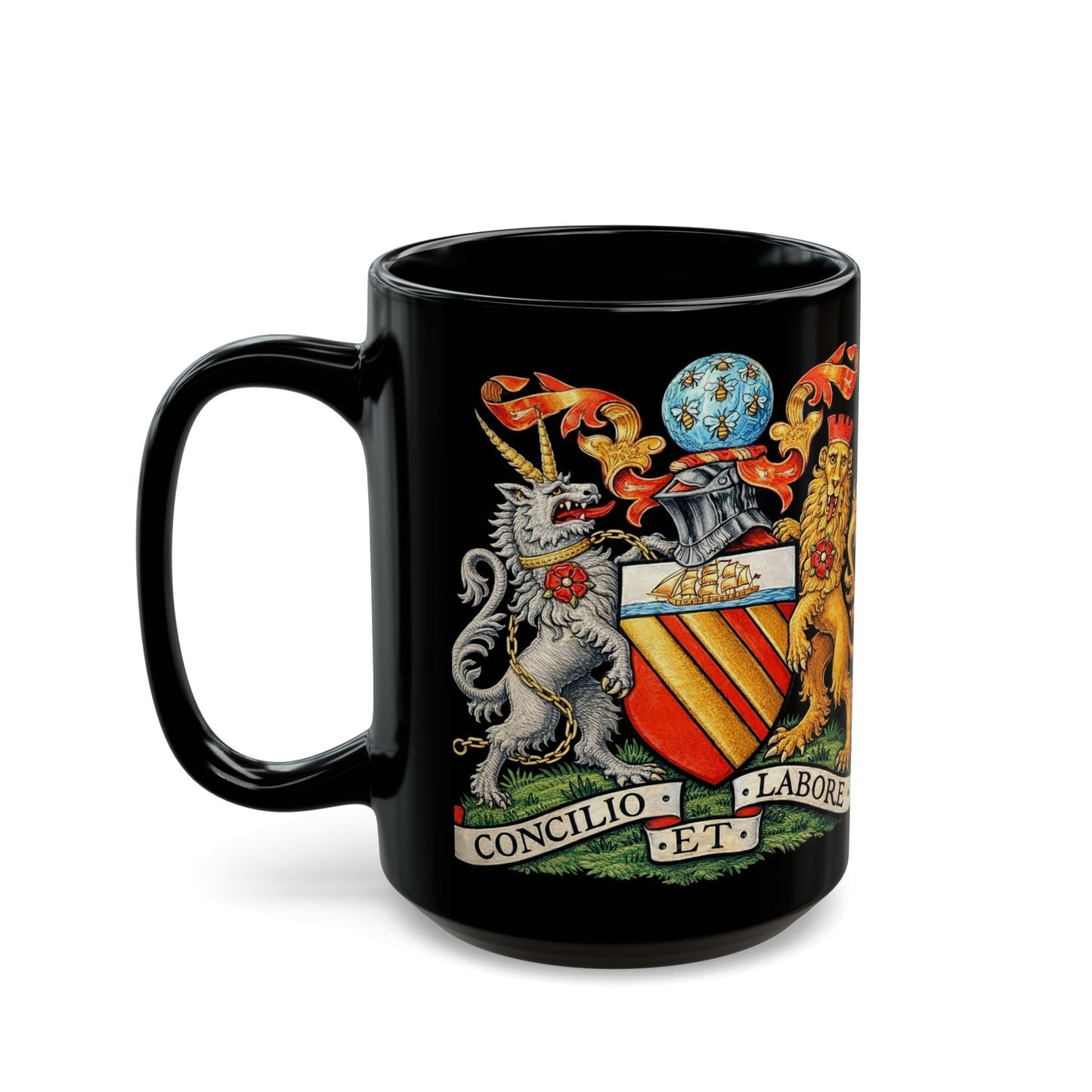 Manchester Coat of Arms Crest Mug — 'Concilio et Labore' Black Coffee Cup