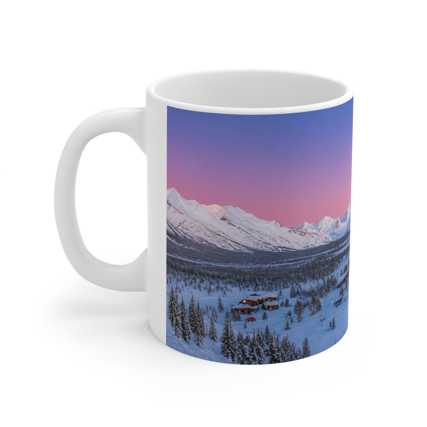 Scenic Winter Mountain Mug — Snowy Lodge Sunrise Ceramic Coffee Cup (11oz & 15oz)