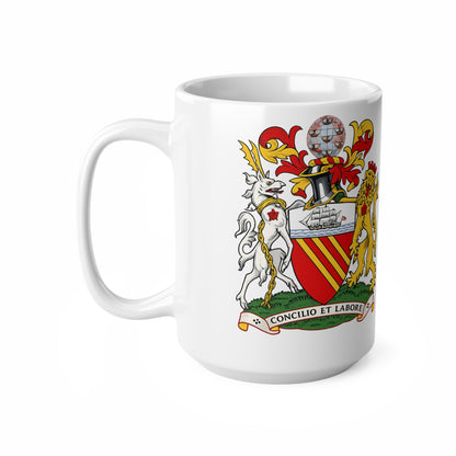 Manchester Coat of Arms Ceramic Coffee Mug — 11oz & 15oz Crest Mug ("Concilio et Labore")