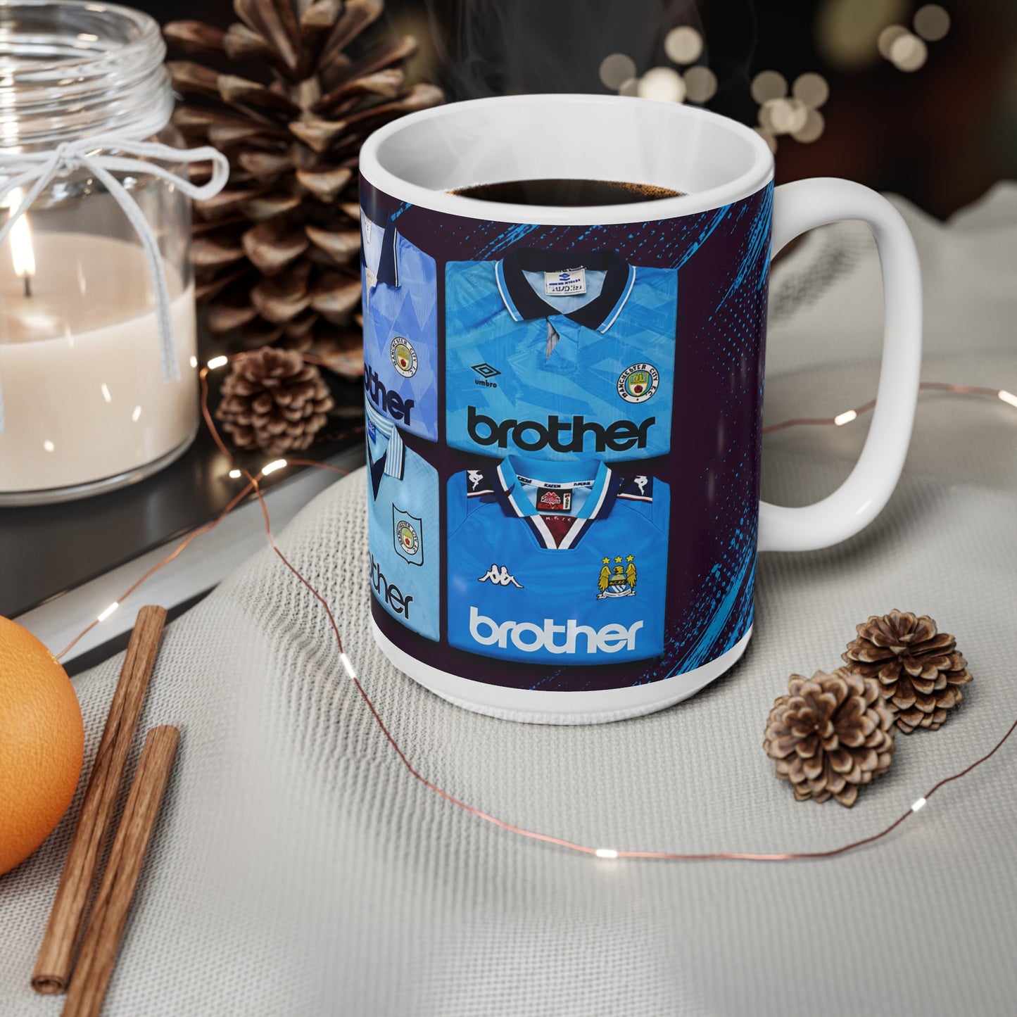 Manchester City Vintage Kit Pattern Coffee Mug — Retro Sky Blue Football Shirt Design, 11oz & 15oz