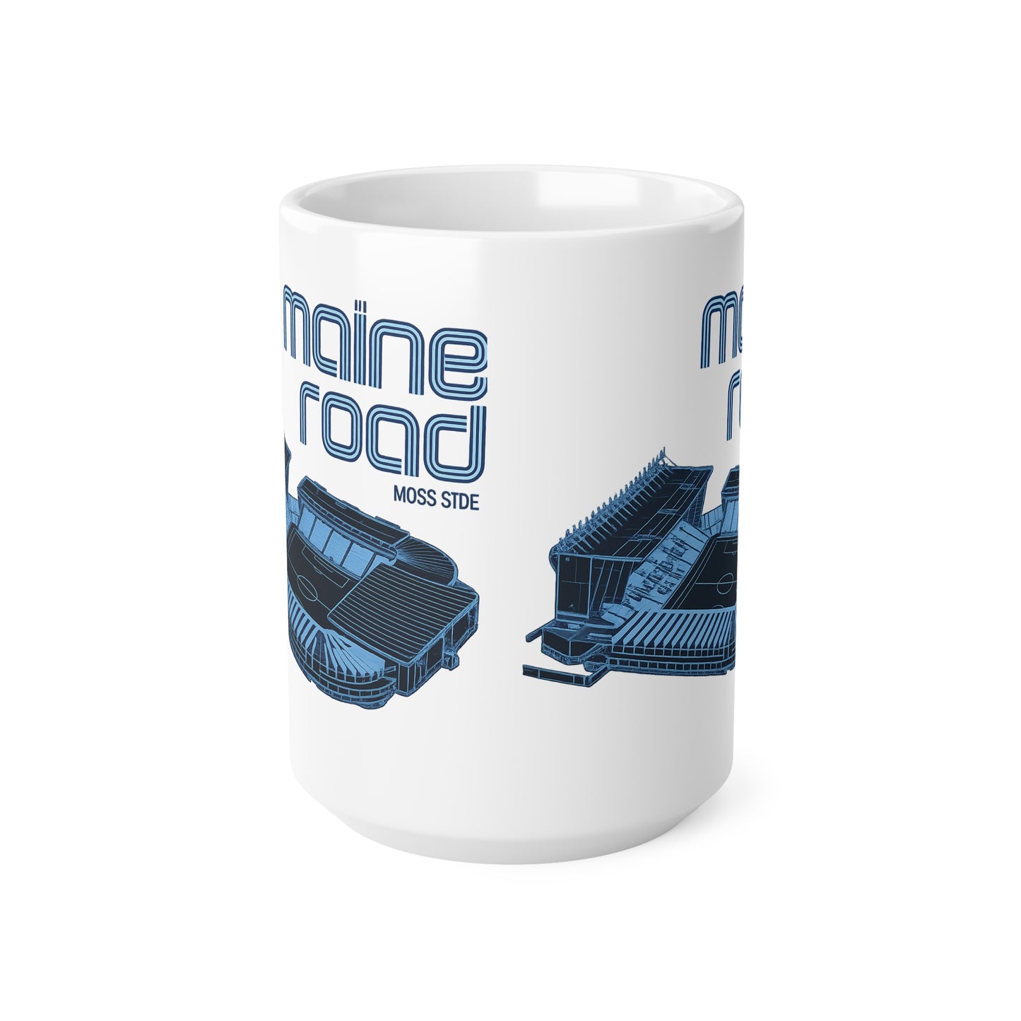 Manchester City Maine Road Stadium Mug — Retro Blue Soccer Stadium Ceramic Coffee Cup (11oz & 15oz)