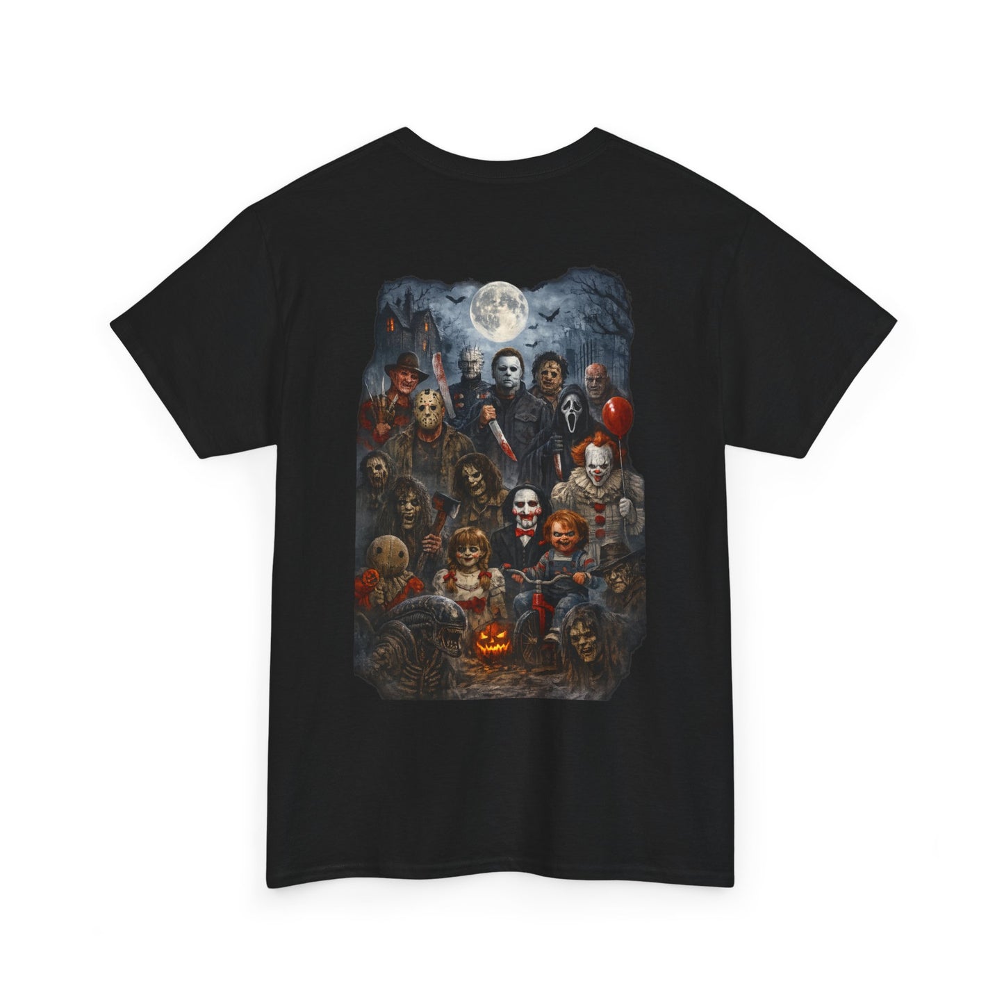 Halloween Horror Movie Characters T-Shirt — "Happy Halloween" Pumpkin & Slasher Collage Tee