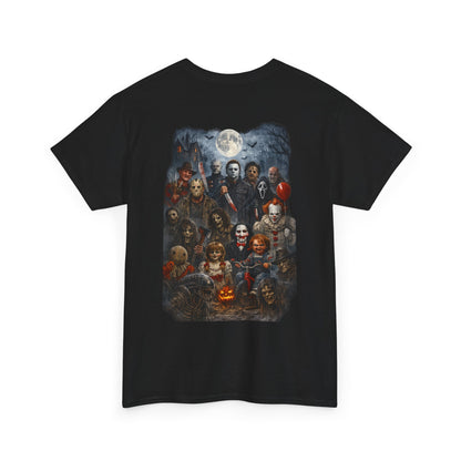 Halloween Horror Movie Characters T-Shirt — "Happy Halloween" Pumpkin & Slasher Collage Tee
