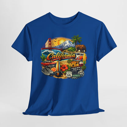 California Vintage Travel T-Shirt — Golden Gate, Palm Trees & Route 66 Tee
