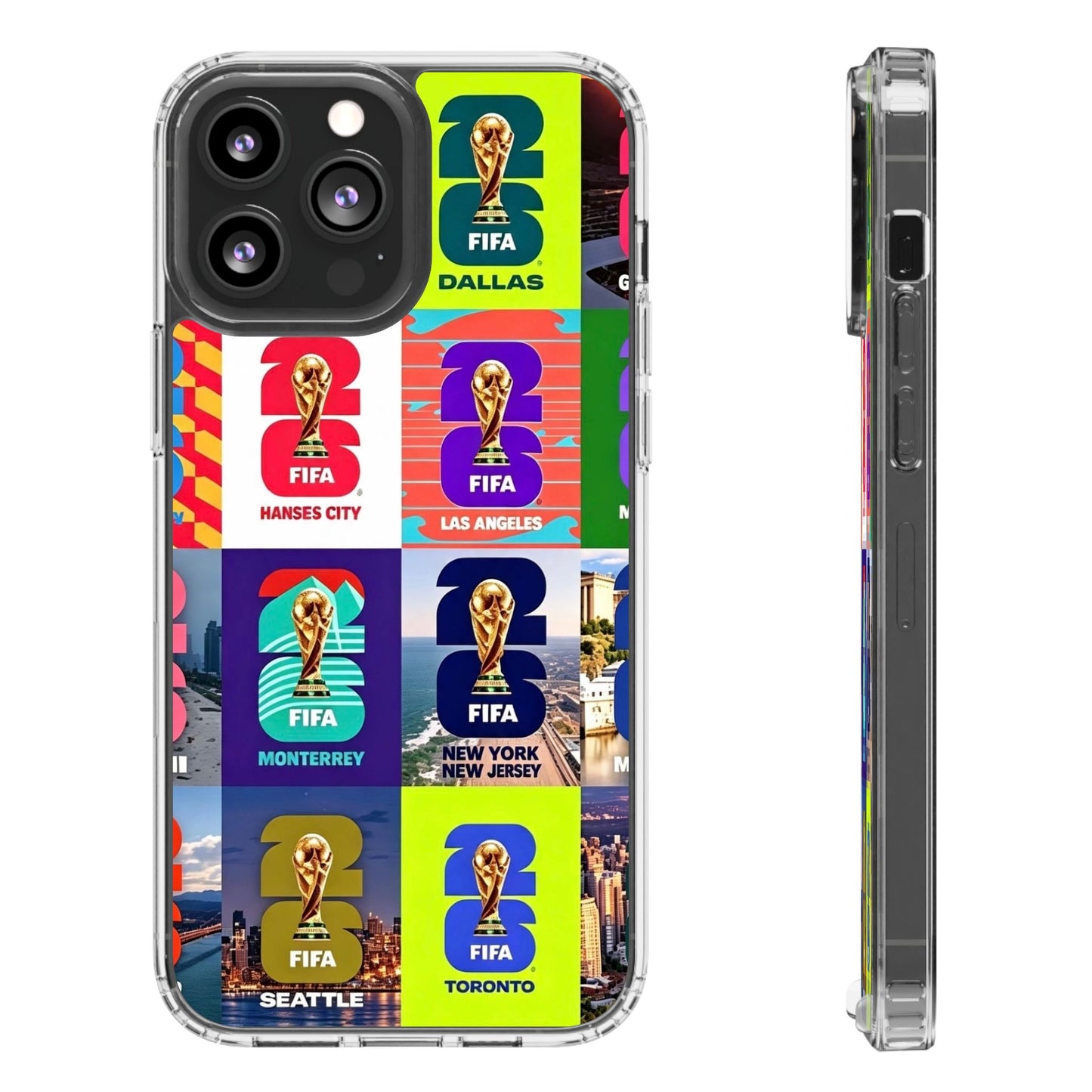 FIFA World Cup Pop Art Clear Phone Case — City Badge Collage (Dallas, LA, Monterrey, Toronto, Seattle)
