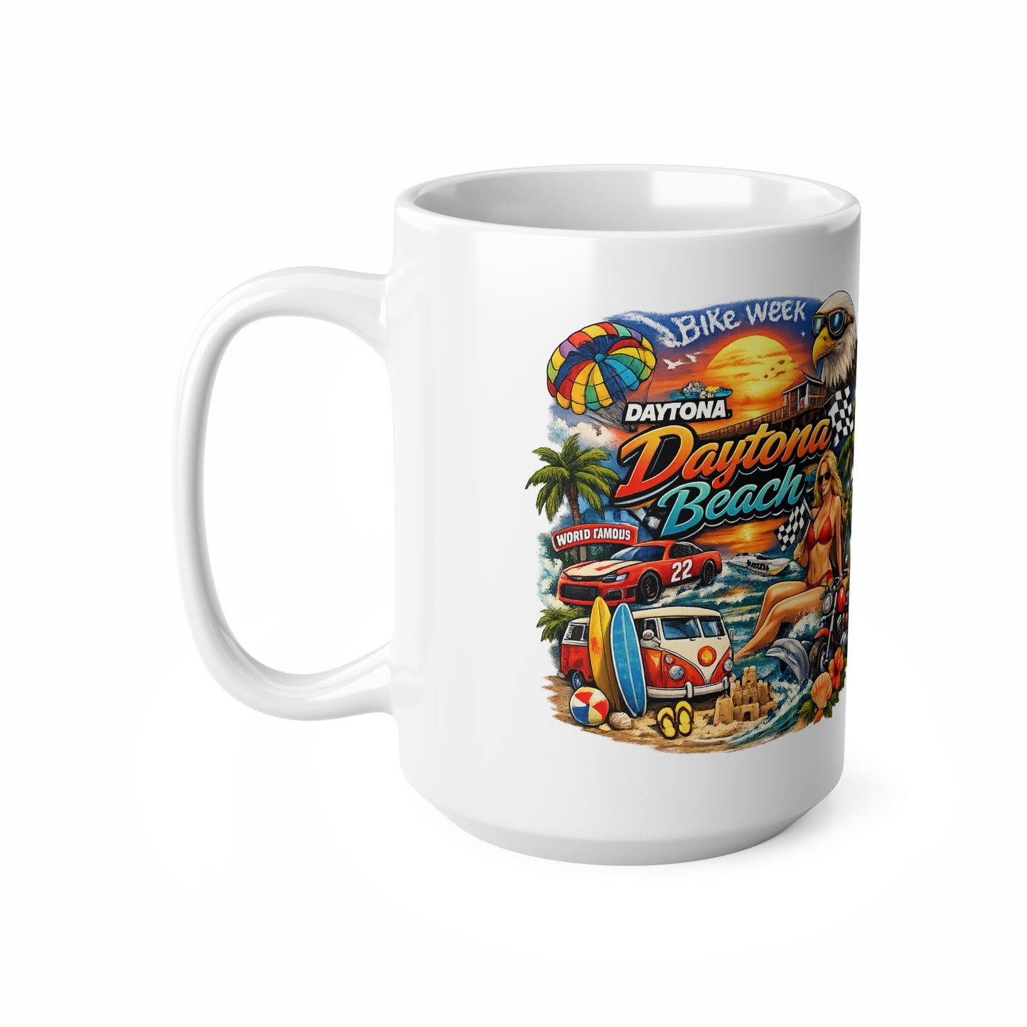 Daytona Beach Vintage Motorcycle & Surf Ceramic Coffee Mug — 11oz/15oz
