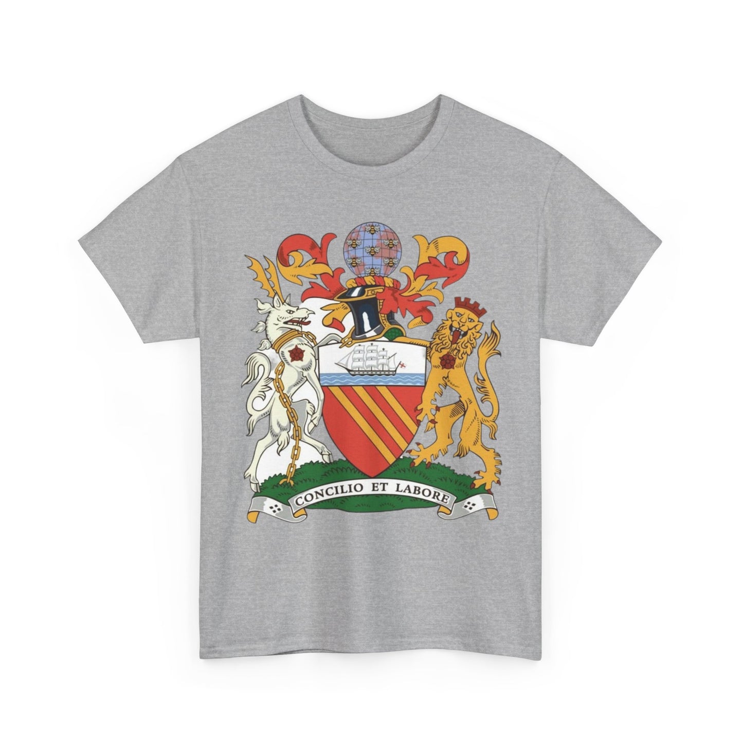 Manchester Coat of Arms Crest T‑Shirt — Heraldic Family Shield Tee with 'Concilio et Labore' Banner